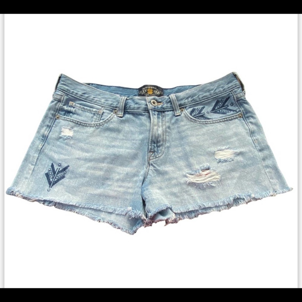 Lucky Brand Shorts The Cut Off Denim Medium Wash Size 10/30 Embroidered